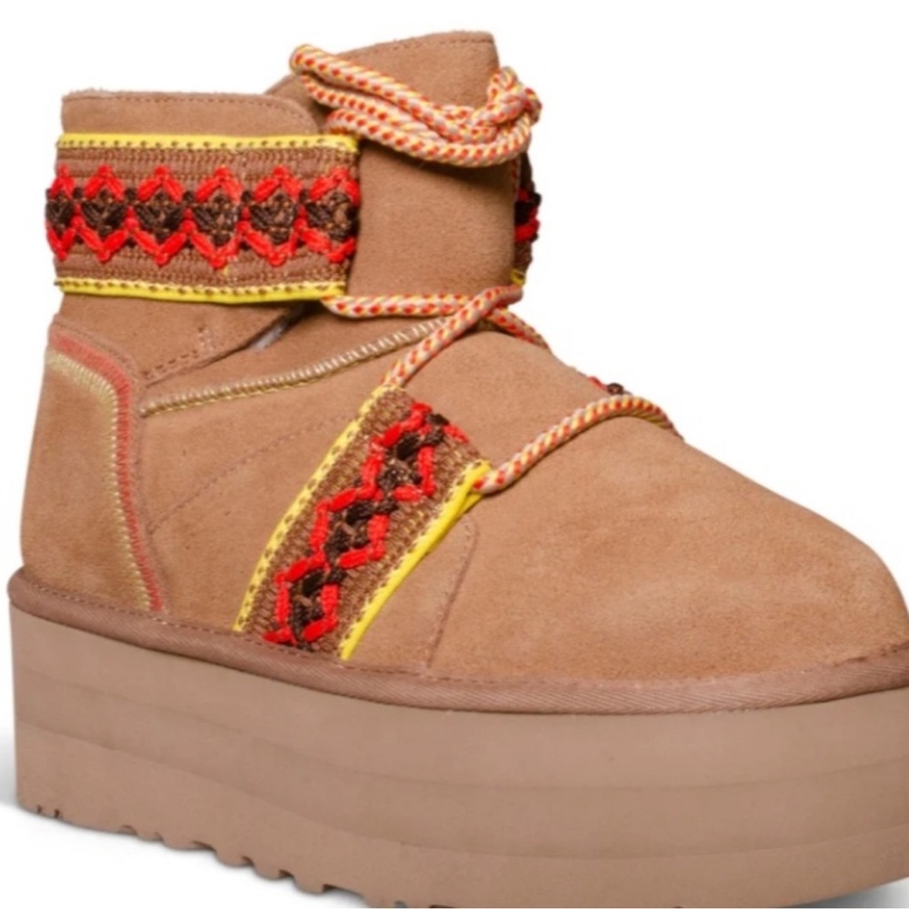 NWOB UGG CLASSIC MINI II BRAID PLATFORM CHESTNUT BOOTS - WOMEN'S 7